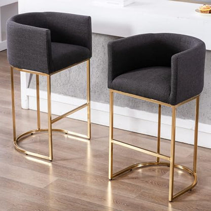 HNY Modern Barrel Counter Height Clearance Bar Stools Set of 2, 32 Inch Linen Kitchen Barstools with Back for Island, with Gold Metal Tubular Frame, Charcoal - color: 32inch Charcoal,gold Base