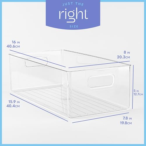 Plastic Food Storage 4 Pack Clear Container Bin with Handles for Organizing Kitchen, Pantry, Refrigerator, Freezer, Pantry, Cabinet, Closet, Bathroom. 16”x8”x5” - size: 16x8x5