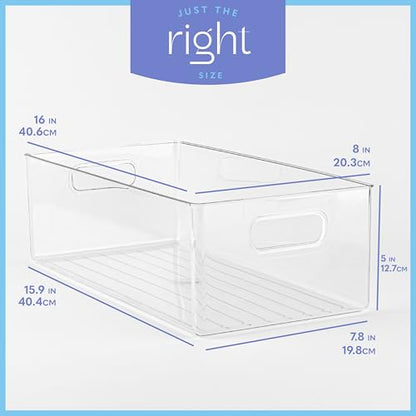 Plastic Food Storage 4 Pack Clear Container Bin with Handles for Organizing Kitchen, Pantry, Refrigerator, Freezer, Pantry, Cabinet, Closet, Bathroom. 16”x8”x5” - size: 16x8x5
