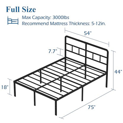 DiaOutro 18 Inch High Full Size Bed Frame with Headboard, Black | Heavy Duty Bed For Kids Adults, Steel Slat Supports No Box Spring Needed, Easy Assembly, Noise Free - size: Full, style: 18 Inch