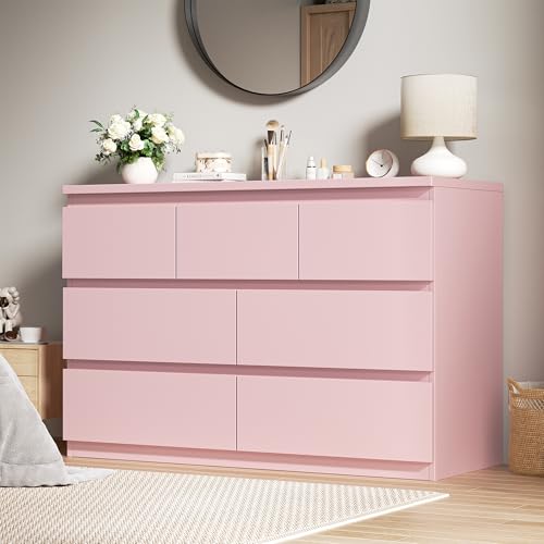 Jocoevol Modern Pink 7 Drawer Dresser for Bedroom, Simply Chest of Drawers, Wood Storage Dresser with Deep Drawers for Living Room Hallway Entryway, Pink - color: Pink