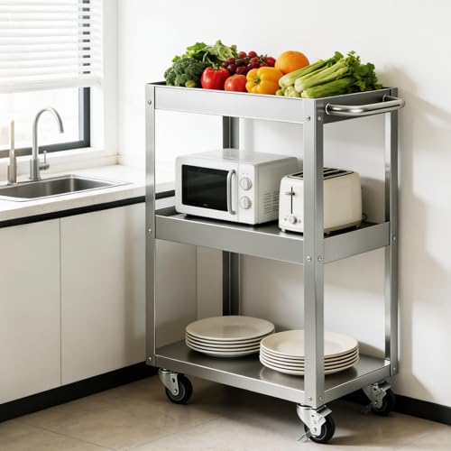 Hally Stainless Steel Utility Cart 3 Tier NSF Rolling Carts 24" Lx16 Wx34 H | Commercial Heavy Duty Metal Mobile Food Cart, with Handle and Wheels, for Kitchen, Restaurant, Hospital, Laboratory and Home - size: 16''x24''x34''