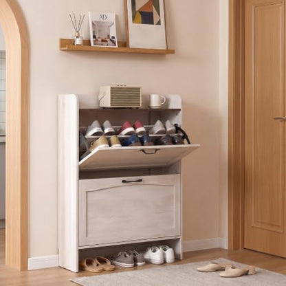 31.4“W Slim Shoe Storage Cabinet with 2 Flip Drawers and Adjustable Shelves | Narrow Shoe Cabinet Storage for Entryway, Farmhouse Hidden Shoe Storage for Hallway, Warm Gray-white