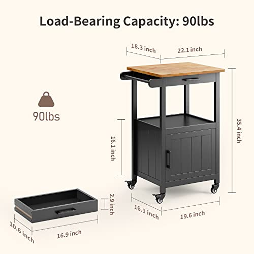 Qsun Microwave Cart, Microwave Stand | Kitchen Island on Wheels, Rolling Kitchen Cart with Rubber Wood Countertop, Side Hook, Microwave Cart for Small Space - size: Black
