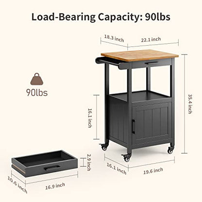 Qsun Microwave Cart, Microwave Stand | Kitchen Island on Wheels, Rolling Kitchen Cart with Rubber Wood Countertop, Side Hook, Microwave Cart for Small Space - size: Black