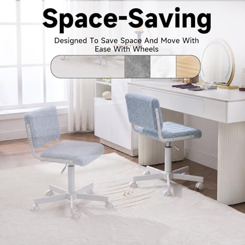 Office Chair Vanity Chair with Wheels | Comfy Desk Chair with Back | Cute Teddy Armless Adjustable Swivel Chair | Small Vanity Stool | for Bedroom Home Computer Task | Light Blue - color: Light Blue