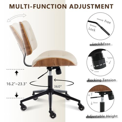 Home Office Desk Chair with Rubber Wheels, Armless Bentwood, Beige | Adjustable Height Armless Office Chair, PU Leather Mid Back 360°Small Computer Chair, No Arms Walnut Seating, 300LBS Support - color: Beige, size: Standard Style