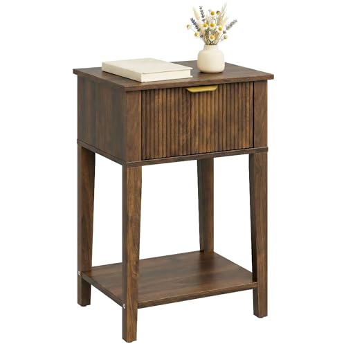 FuniXpress Small Nightstand, 15" Wide, Drawer and Shelf, Dark Walnut Fluted | Deep walnut tone, clean fluted front, 11.8-inch slim depth, smart storage, fits bedside, sofa side, or small spaces - color: Dark Walnut