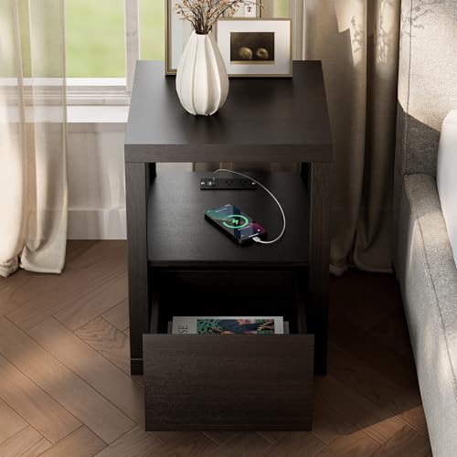 Wabi-sabi Style Nightstand, Modern Bedside Table with Charging Station,Thickened Wood End Table with Drawer Storage & Open Shelf, Night Stand for Bedroom, Black - color: Black