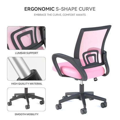 Office Chair, Ergonomic Mid-Back Mesh Desk Chair with Lumbar Support, Adjustable Height Computer Chair with Rolling Wheels Design,Comfy Armrest for Work, Study, Gaming, Pink - color: Pink