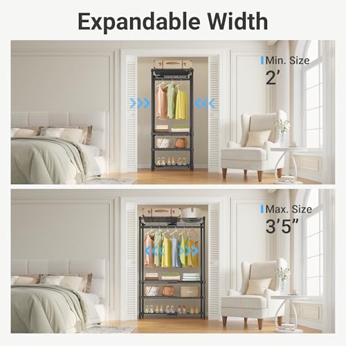 VIPEK X10 Heavy Duty Clothes Rack, Expandable Metal Clothing Racks for Hanging from 2' to 3'5" with 4-Tier Adjustable Wire Shelves & Hanging Rod Portable Closet System for Reach-in & Walk-in Closets
