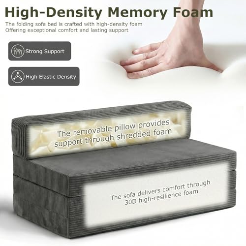 5-in-1 Convertible Sofa Bed, Boneless Loveseat, Tri-fold Futon Sofa Bed with Removable Cushions & Washable Cover, Pull Out Couch with Handle, for Small Spaces, Queen Size, Grey - color: Grey, size: Queen Size-80''L*60''W