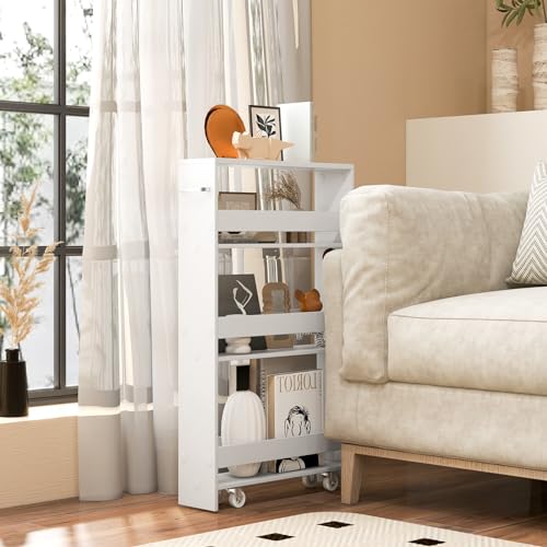 Slim Storage Cart, 4-Tier Rolling Cart with Handle & Wooden Top for Kitchen Bathroom Laundry Living Room Narrow Small Spaces, 5 Inches Width (Plain White) - color: Plain White