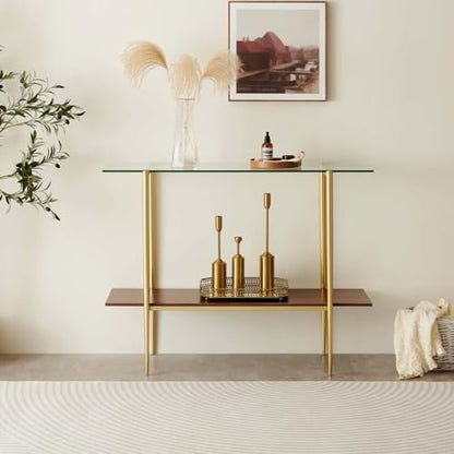 LumFurn Glass Console Table for Living Room, Foyer & Entrance, 2-Tiers Mid-Century Modern Sofa Table with Clear Glass Top, Walnut Finish Wood Top and Gold Finish Metal Frame - color: L40.9" Clear & Walnut