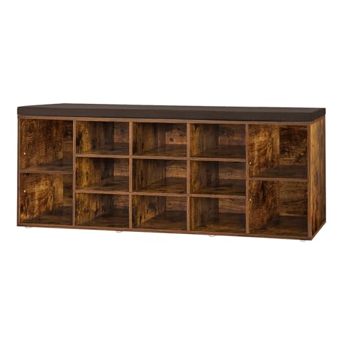 Shoe Storage Bench with Cushion, 13-Cubby Shoe Rack with Seat | 50.8"L Entryway Shoe Organizer Bench, Adjustable Shelves for Boots, Removable Washable Cushion, Closet/Hallway, Rustic Brown - color: Rustic Brown, size: 13 Cubby