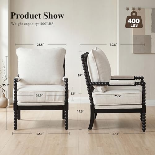 DUHOME Linen Fabric Spindle Accent Chair with Wood Frame,Bobbin Chair with High Resilience Spring Cushion and Armrest Pads, Leisure Armchair for Living Room Bedroom Farmhouse Home Office Belcony - color: Black+cream, size: 1 pc