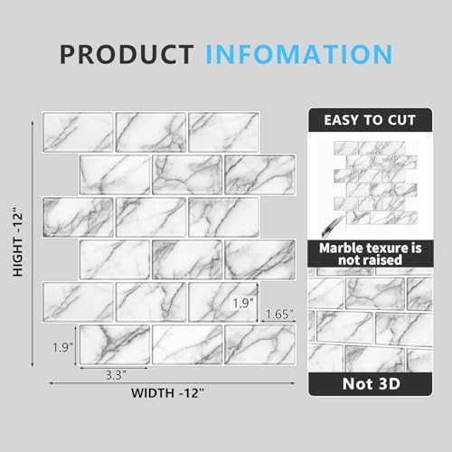 URCOLOR 10-Sheet backsplash Tile for Kitchen Peel and Stick,12"x12" Self Adhesive Subway Wall Tiles Stick on Back Splashes for Bathroom White Marble - color: White Gray