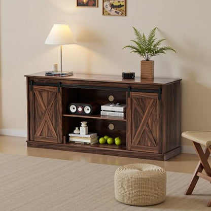 Sweetcrispy Farmhouse TV Stand 65 Inch for Living Room Bedroom Brown, Tall Entertainment Center with Storage Shelves, Media Console Cabinet with Wood Board, 300 LBS Capacity and Sliding Barn Door
