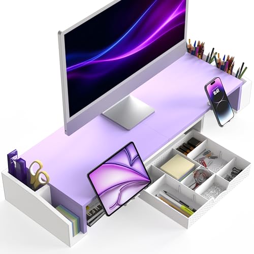 Simple Houseware Desk Dual Monitor Stand Riser with Drawer, Purple | Customizable Organizer Tray, Built-In Phone & Tablet Slot and Side Storage - color: Purple