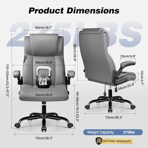 BESTFAIR High Back Office Chair, Adjustable Lumbar Support, Rocking, Gray | Inflatable Lumbar Eases Lower Back Fatigue, Padded Flip-Up Armrests, 21" Wide Seat, Scratch-Resistant PU Leather, 2 Pack - color: Grey, size: 2 Pack
