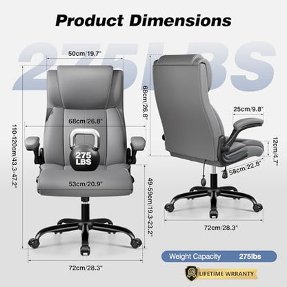 BESTFAIR High Back Office Chair, Adjustable Lumbar Support, Rocking, Gray | Inflatable Lumbar Eases Lower Back Fatigue, Padded Flip-Up Armrests, 21" Wide Seat, Scratch-Resistant PU Leather, 2 Pack - color: Grey, size: 2 Pack