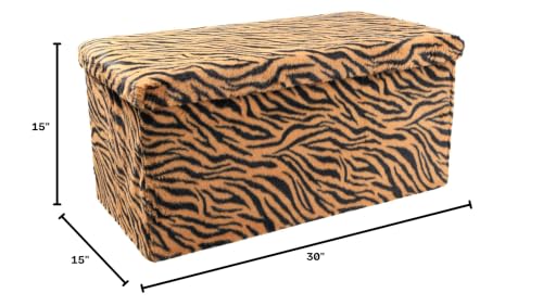 Luxe Faux Fur Storage Ottoman, Tiger Tan/White, 30 x 15 x 15 in | Engineered Wood, Tool-Free Assembly, Modern Style, Seat And Footrest - color: Tiger Tan/White, size: 30"D x 15"W x 15"H