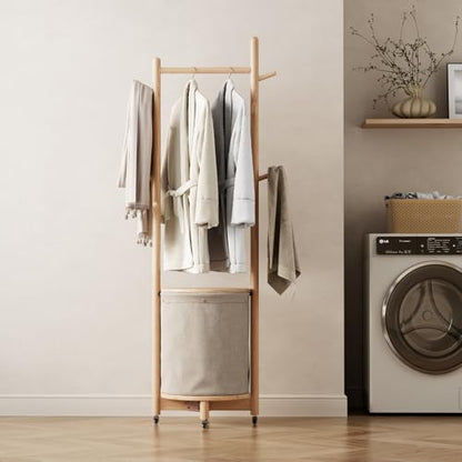 CycleCrew Solid Wood Coat Rack with Fabric Basket - Freestanding Coat Rack Rolling Coat Tree with 9 Hooks Wheels, Small Clothes Rack For Entryway Bedroom Hallway Living Room - color: Natural