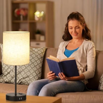 Lynnoland 2 Pack Touch Control Table Lamps with 2 USB & AC Outlet, 3-Way Dimmable Bedside Nightstand Lamps for Bedroom Living Room Nursery, 800 Lumens 3000K Warmlight Bulbs Included - color: (2 Pack)Beige Linen & Black(Base)-3000K Bulbs Included