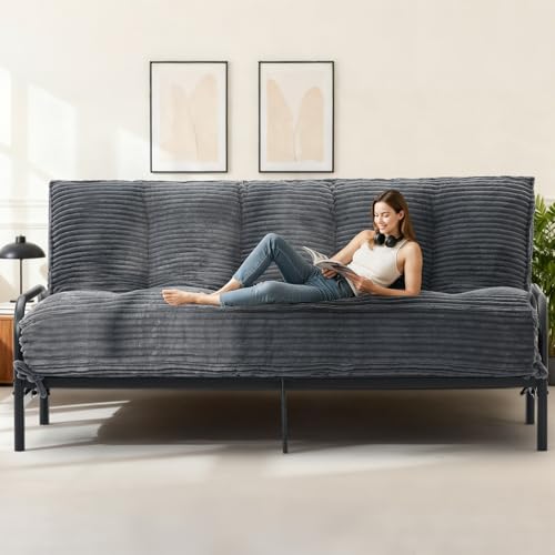10" Futon Mattress Queen Size,Futons Sofa Couch Bed with Straps, Thick Corduroy Floor Mattress for Adults, Roll Up Folding Mattress Shredded Foam Filling, Medium Firm (Gray, Queen) - color: Grey, size: Queen (10 inches)