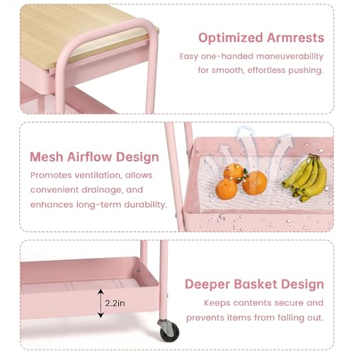 Rolling Cart with Drawers, Storage Cartwith Locked Wheels, Hooks & Hanging Cups for Any Room, Pink - color: Pink