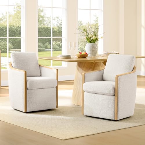 CHITA Upholstered Dining Chairs Set of 2 with Hidden Casters, Pearl | Fully Assembled Modern Dining Chair with Backrest & Wood Armrest, Chenille Barrel Chairs for Dining Room, Kitchen Chairs - color: Pearl, size: set of 2