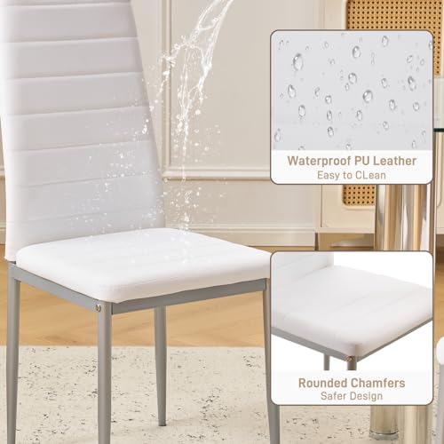 Karl home White Dining Chairs Set of 4, PU Leather & High Back | Kitchen chairs with padded seats & foot cap protection for dining kitchen living room,300lbs capacity,space-saving - color: White, size: Set of 4