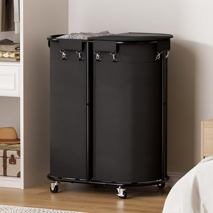 200L Double Laundry Hamper with Lid & Wheels, Oval Rolling Laundry Basket | Gasvadivum Sturdy Metal Large Laundry Cart with 2 Removable Bags, Dirty Clothes Hamper 2 section for Bathroom, Bedroom, Black - color: Black, size: 200L(24.8"L x 16.9"W x 31.5"H)