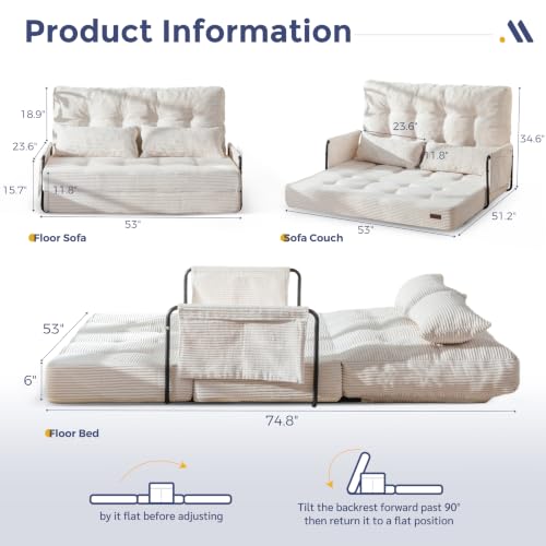 MAXYOYO Adjustable Folding Sofa Bed Couch with 2 Pillows, Beige | Multi-Functional Bean Bag Bed, 5-Position Foldable Lazy Floor Sofa Bed with Armrest, Versatile Floor Seating for Reading - color: Beige