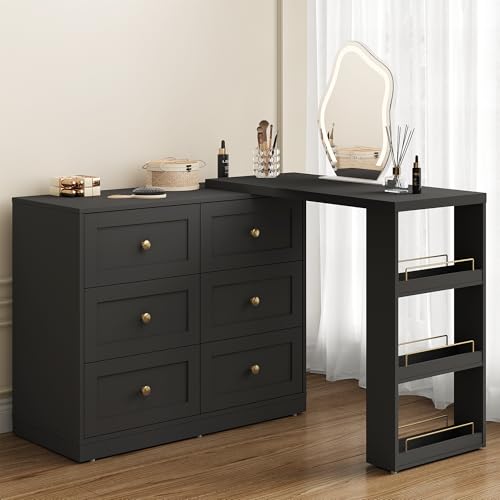 FansaFurn 67" L-Shaped Vanity Desk for Bedroom | 3 Side Shelves & 6 Drawers, Extendable Vanity Table and Dresser Combo, Modern Dressing Table for Dressing Room, Black - color: Black, size: 75.87''W×15.75''D×31''H