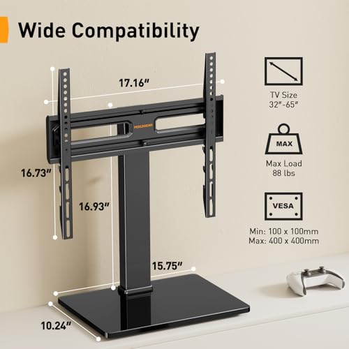 Perlegear Universal Swivel TV Stand with Power Outlet for 34–65 inch TVs | Tilt, 6 height adjustments, stable tempered glass base, security locks, cable management, 88 lbs max load, max VESA 400x400mm - size: 34-65 inch