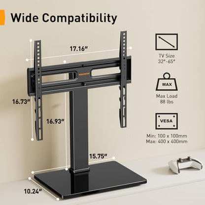 Perlegear Universal Swivel TV Stand with Power Outlet for 34–65 inch TVs | Tilt, 6 height adjustments, stable tempered glass base, security locks, cable management, 88 lbs max load, max VESA 400x400mm - size: 34-65 inch