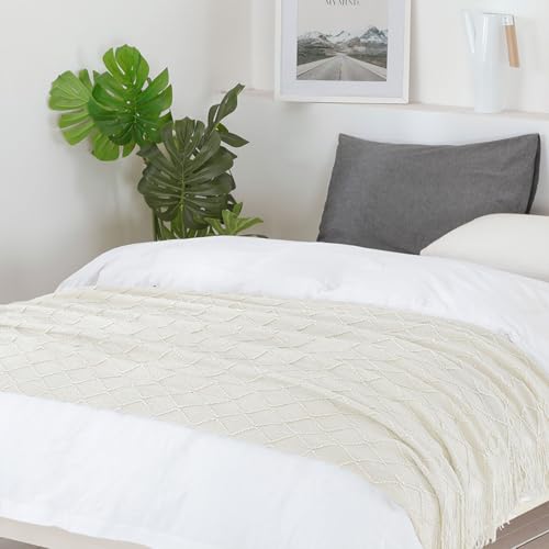 BOURINA Beige Throw Blanket 50x90 Inch Boho Knitted Soft Throw Sofa Blanket | Knitted Throw Blanket 50x90 Inches, Soft Lightweight Boho Weave Throw Decorative Couch Blanket for Living Room Bed Runner - color: Beige, size: 50"x90"