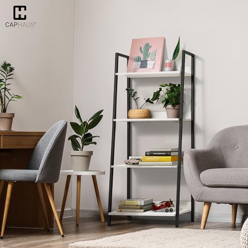 CAPHAUS 4 Tier Ladder Bookshelf, 24 Inch Width Free Standing Shelf, Bookcase Shelf Storage Rack Organizer, Industrial Book Shelves for Home Office, Living Room, Kitchen, White Wooden Shelves - color: White, size: 4-Tier