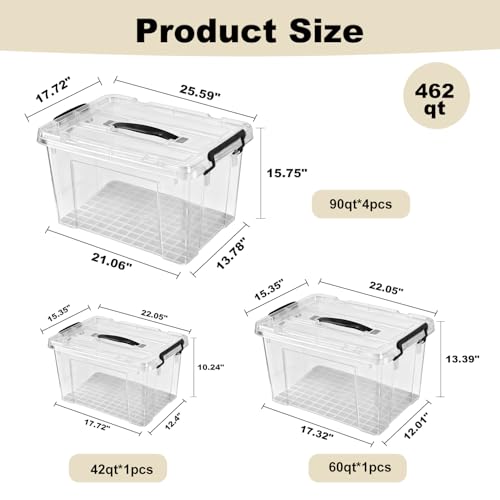 6 Pack Plastic Storage Bins with Lids | Clear Stackable Bins with Secure Latches and Handles Heavy-Duty Storage Containers For Home Office and Garage Organization - size: 4x90Qt+60Qt+42Qt