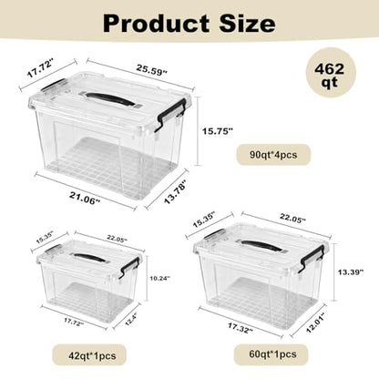 6 Pack Plastic Storage Bins with Lids | Clear Stackable Bins with Secure Latches and Handles Heavy-Duty Storage Containers For Home Office and Garage Organization - size: 4x90Qt+60Qt+42Qt