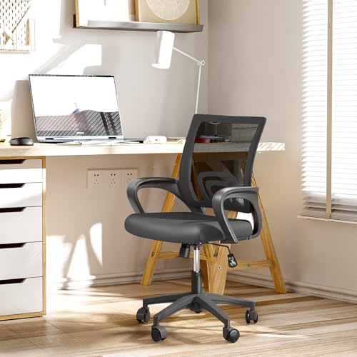 Ergonomic Office Chair, Mid-Back Mesh Desk Chair, Computer Chair, Black | Lumbar Support, Rocking Mode, Height Adjustable, Fixed Armrest, for Computer, Gaming, Conference, Meeting - color: Black