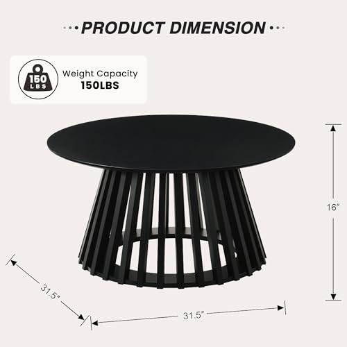HNY Black Round Coffee Table, Wood 31.5" Center Table for Living Room | Modern Mid Century Circle Coffee Table with Fluted Base for Outdoor Patio, Home Small Space, Bedroom, Apartment, Studio - color: Black
