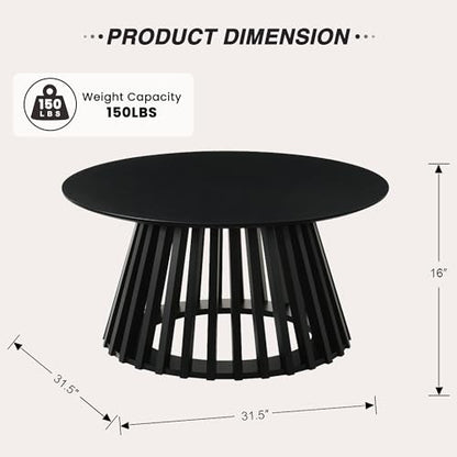 HNY Black Round Coffee Table, Wood 31.5" Center Table for Living Room | Modern Mid Century Circle Coffee Table with Fluted Base for Outdoor Patio, Home Small Space, Bedroom, Apartment, Studio - color: Black