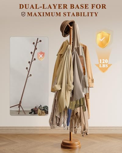 STARSAGA Solid Wood Coat Rack Freestanding Coat Tree with 8 Hooks | Adjustable Height Heavy Duty Coat Rack with Rounded Hooks & Dual-Layer Base, Holds Coats Hats Bags for Entryway, Bedroom - color: Walnut