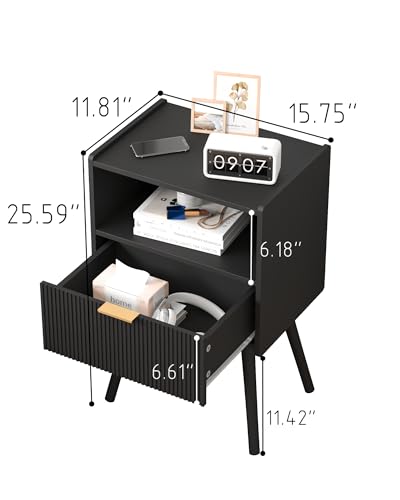 Black Nightstand,Modern Bedside Table with Storage Drawer and Open Wood Shelf, for Living Room, Bedroom and Small Spaces, Accent Night Stand with Solid Wood Legs, Easy Assembly,Classic Black - color: Black
