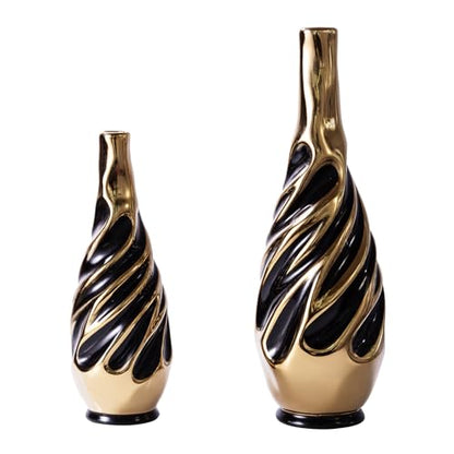 Yundu Gold with Black Vase Set of 2 | Pampas Grass Vase, Ceramic, Boho & Modern Centerpieces, Living Room Decor - color: Black With Gold