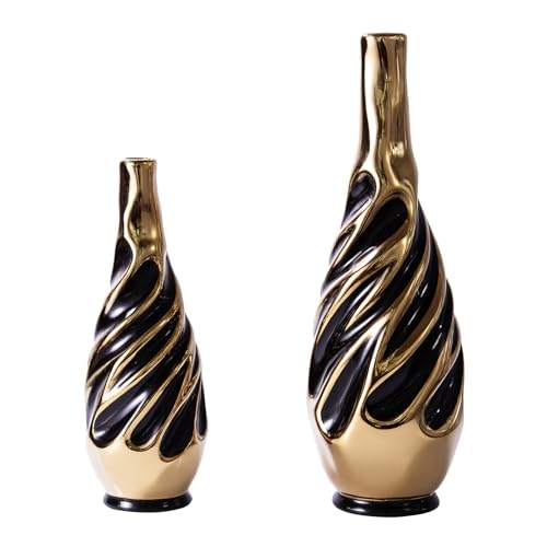Yundu Gold with Black Vase Set of 2 | Pampas Grass Vase, Ceramic, Boho & Modern Centerpieces, Living Room Decor - color: Black With Gold