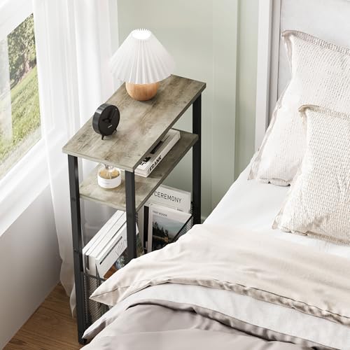 MMEOLUOOK Narrow Side Table with Storage Basket Skinny End Tables for Smalls Spaces 3 Tier Sofa Table Small Nightstand Slim Bedside Table for Living Room Bedroom Oak MLBZ22Q - color: Oak