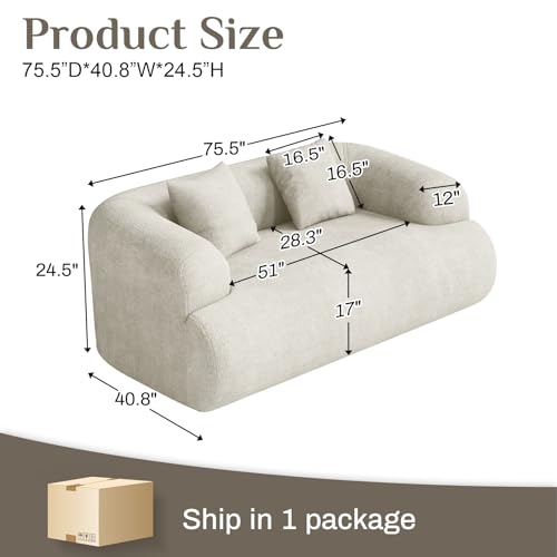 75" Boneless Cloud Loveseat, Modern Cute Curved Chenille Sofa, 2 Seater Compression Couch with 2 Pillows, No Assembly Required for Apartment Living Room, Beige White - color: Beige, size: 75''